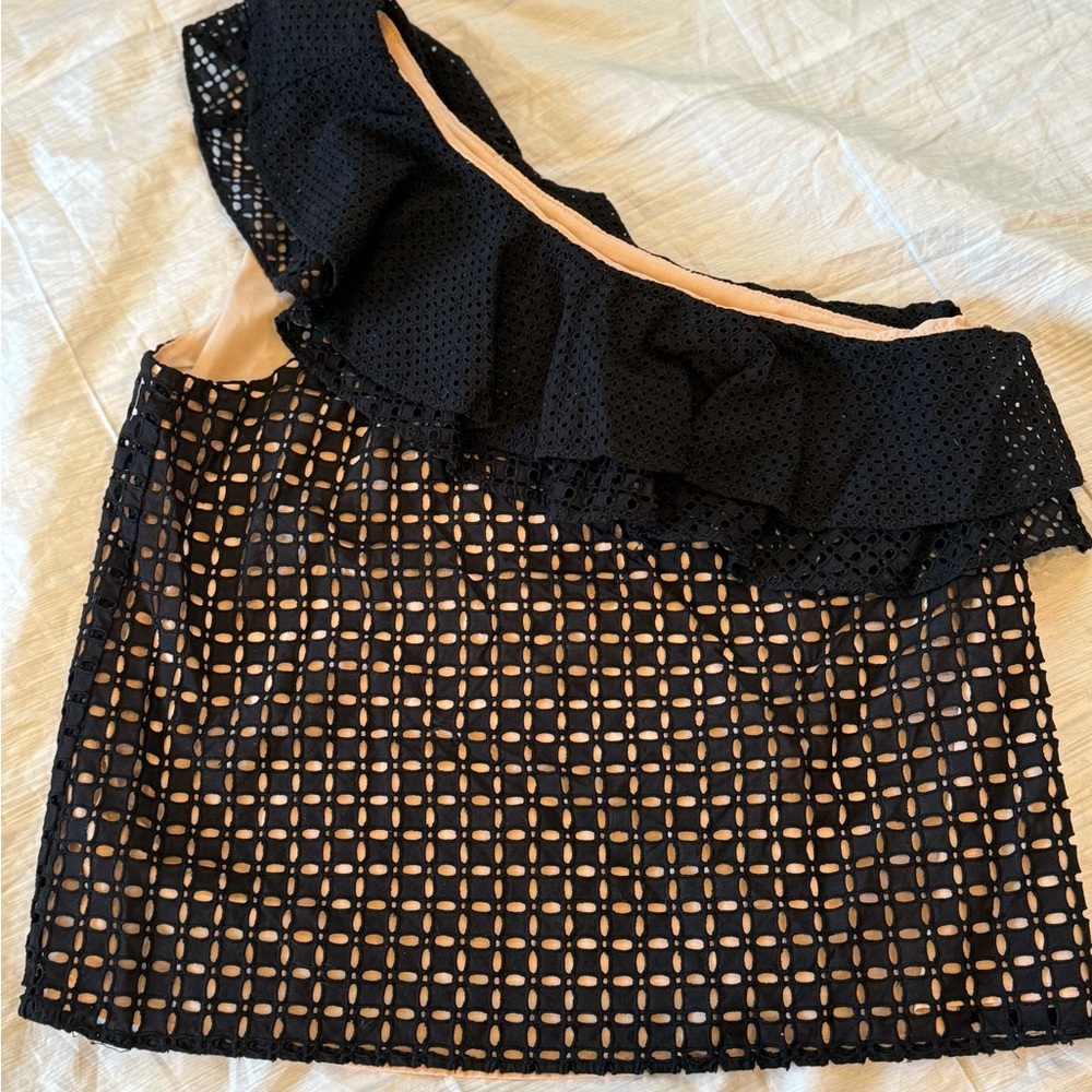 J.Crew Size 10 Black Nude One-Shoulder Eyelet Ruffle Top Shirt Blouse - Picture 3 of 9